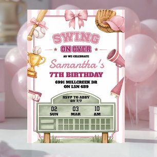 Convite Tema de beisebol rosa roxo Swing On Over Aniversár