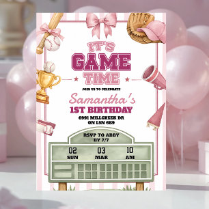 Convite Tema de beisebol rosa roxo tempo de jogo aniversár