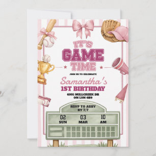 Convite Tema de beisebol rosa roxo tempo de jogo aniversár