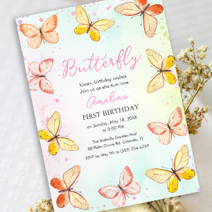 Convite Tema de Borboleta Menina 1º Aniversário Aquarela R