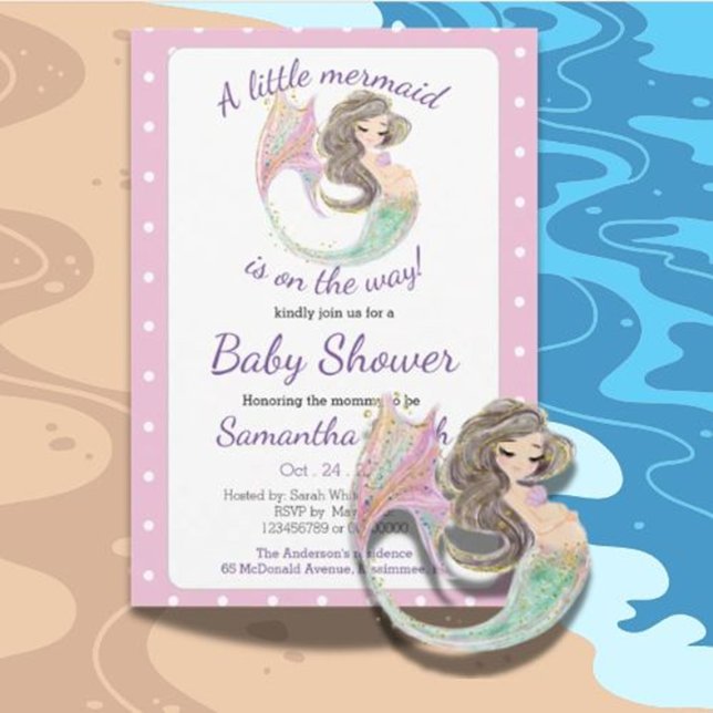 Convite Tema de brilho do Chá de fraldas de Sereia Castanh (  Celebrate your little one with a soft brown mermaid baby shower )