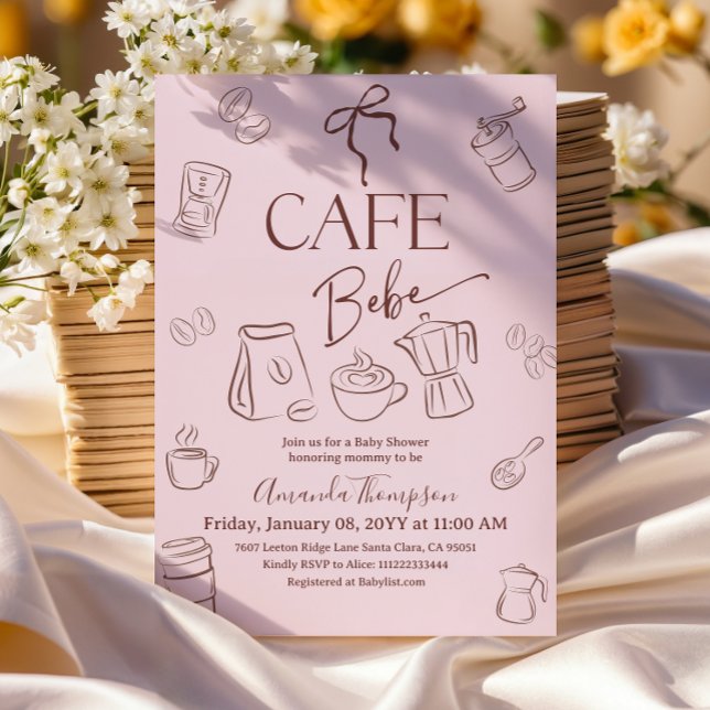 Convite Tema de Café Laço Rosa Cafe Bebe Menina Churrasco  (Criador carregado)