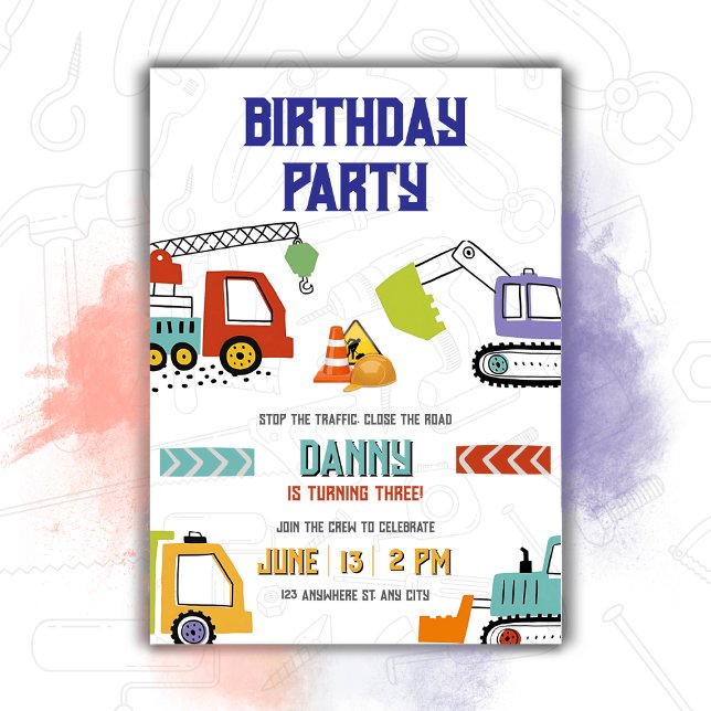 Convite Tema de Caminhões de Aniversário Digger para Menin (Criador carregado)