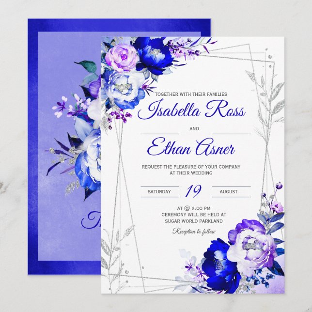 Convite Tema de Casamento Azul Real e Roxo (Frente/Verso)