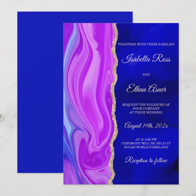 Convite Tema de Casamento Azul Real e Roxo (Frente/Verso)
