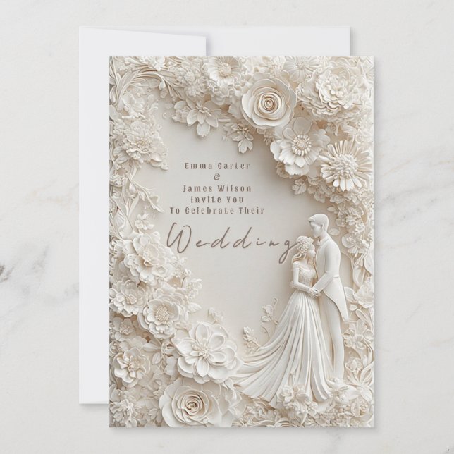 Convite 🤍 Tema de Casamento com Borda Floral de Marfim pa (Frente)
