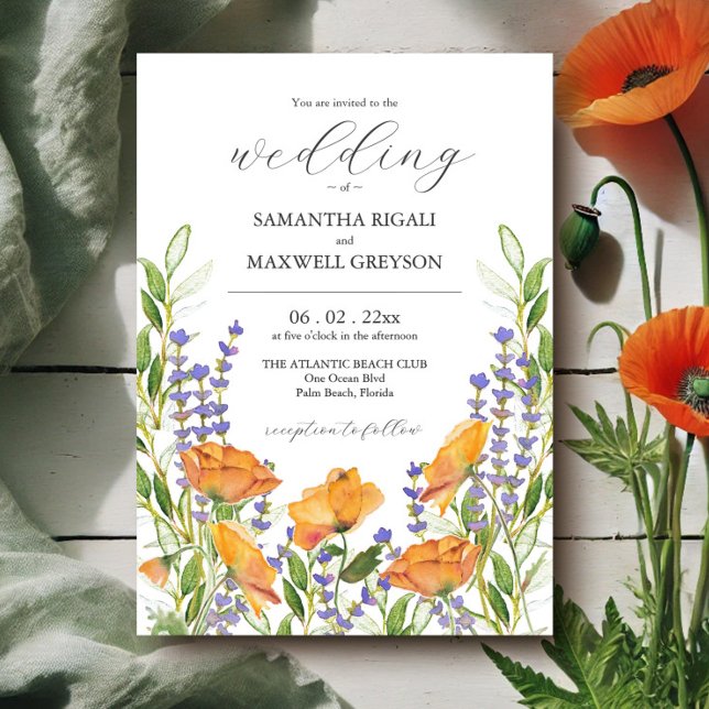 Convite Tema de Casamento com Flores Silvestres Aquarela F (Wildflower wedding invitations watercolor floral art in shades of orange and green)