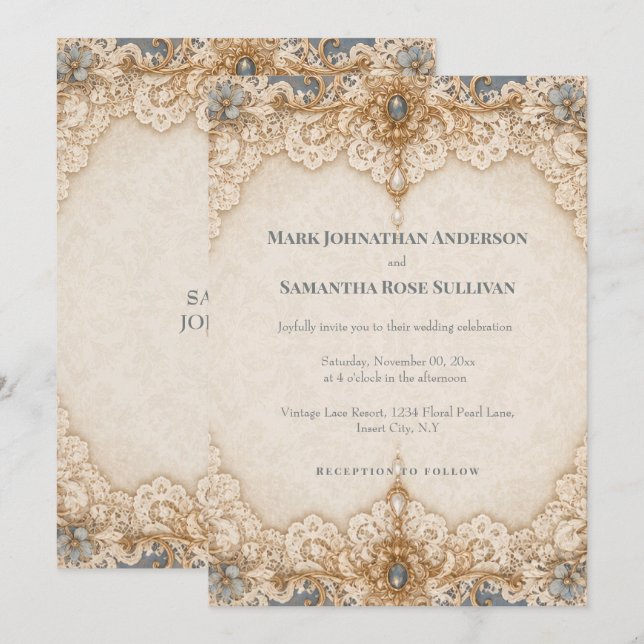 Convite Tema de casamento com renda country em taupe marfi (Frente/Verso)