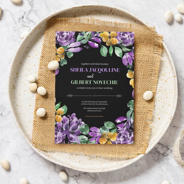 Convite Tema de Casamento das Flores Amarelas Roxas (Criador carregado)