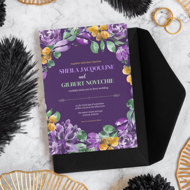 Convite Tema de Casamento das Flores Amarelas Roxas (Criador carregado)