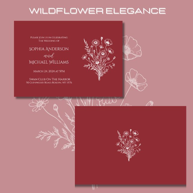 Convite Tema De Casamento De Elegância De Flores S (Wildflower Elegance Wedding Invitations-Red-Rustic, Country, Bohemian, Elegant )