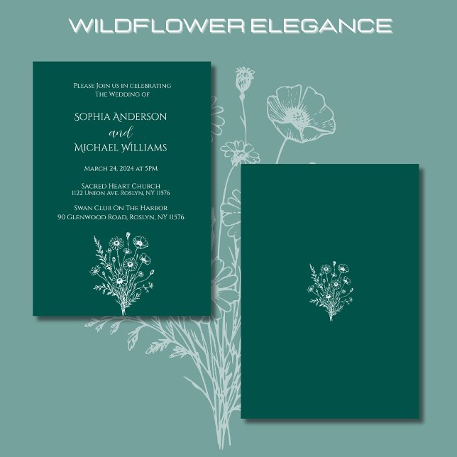 Convite Tema De Casamento De Elegância De Flores S (Wildflower Elegance Wedding Invitations-Emerald Green-Rustic, Bohemian, Country Elegant)