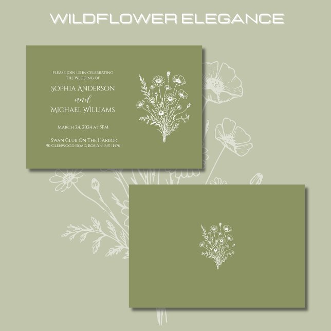 Convite Tema De Casamento De Elegância De Flores S (Wildflower Elegance Wedding Fern Green Collection-Rustic, Country Bohemian)