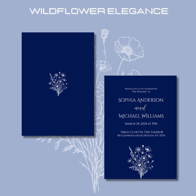 Convite Tema De Casamento De Elegância De Flores S (Wildflower Elegance-Wedding Invitations-Blue-Rustic, country, bohemian)