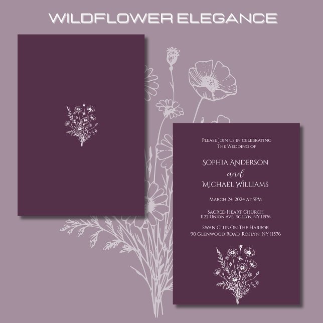 Convite Tema de Casamento de Flores Selvagens Roxo (Wildflower Elegance Wedding Invitations Purple-Rustic, Country, Bohemian)