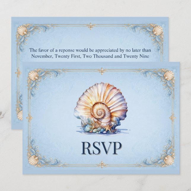 Convite Tema de casamento de luxo na praia com concha RSVP (Frente/Verso)
