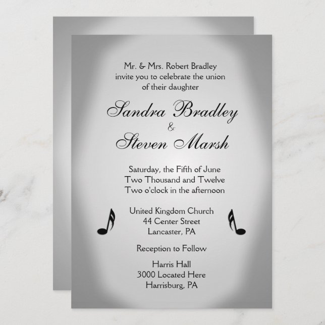 Convite Tema De Casamento De Música Silver (Frente/Verso)