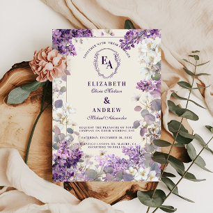 Convite Tema de Casamento do Jardim Elegante de Roxo e Cre
