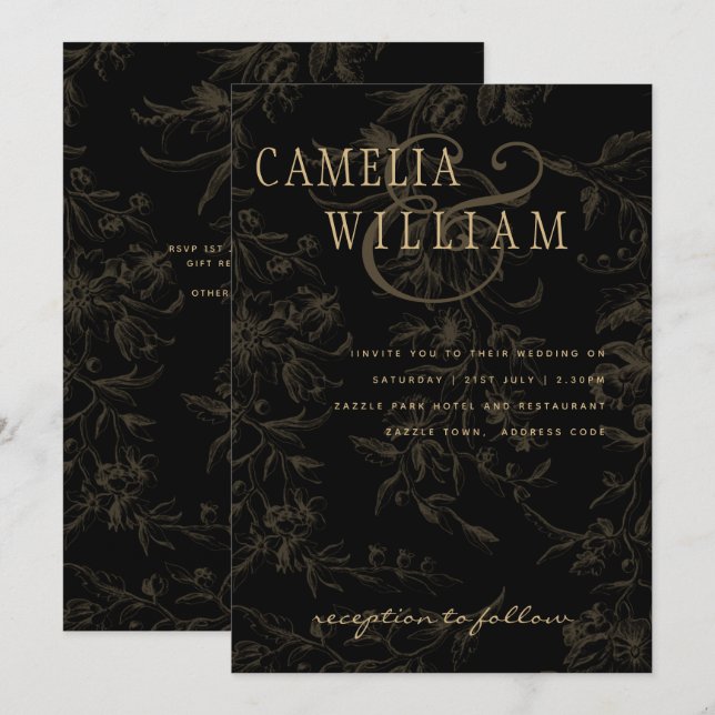 Convite Tema de Casamento Gravata Preta Dourado Damask Vin (Frente/Verso)