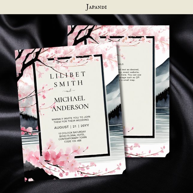 Convite Tema de Casamento Japandi Escandinavo Negro Rosa (Criador carregado)