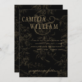 Convite Tema de Casamento Preto Vintage Dourado Damask