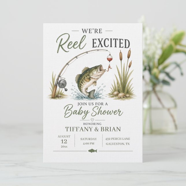 Convite Tema de Chá de Bebê de Pesca com Tema de Ração de  (Em pé/Frente)