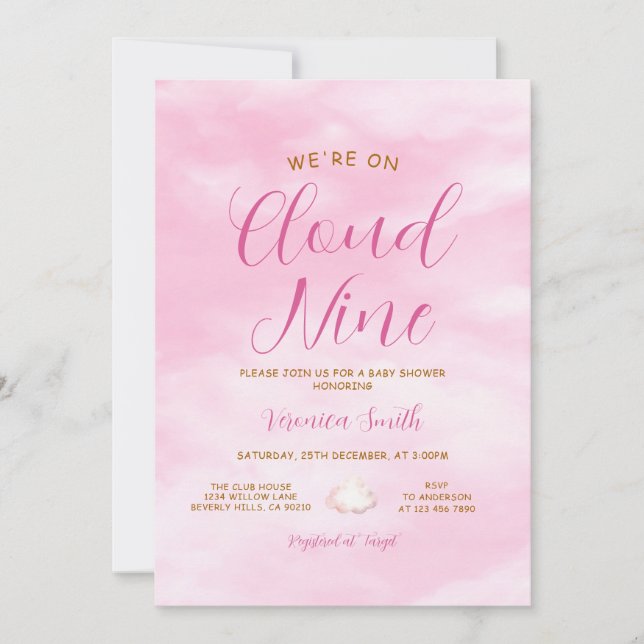 Convite Tema de Chá de Bebê Nuvem Nove Rosa Elegante (Frente)