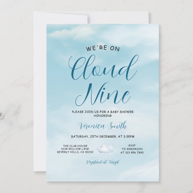 Convite Tema de Chuvada de Bebê Nove Nuvens Céu Azul Elega (Frente)