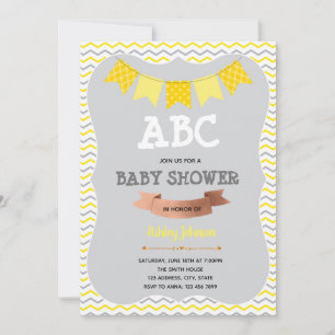 Convite Tema de chuveiro ABC cinza e amarelo