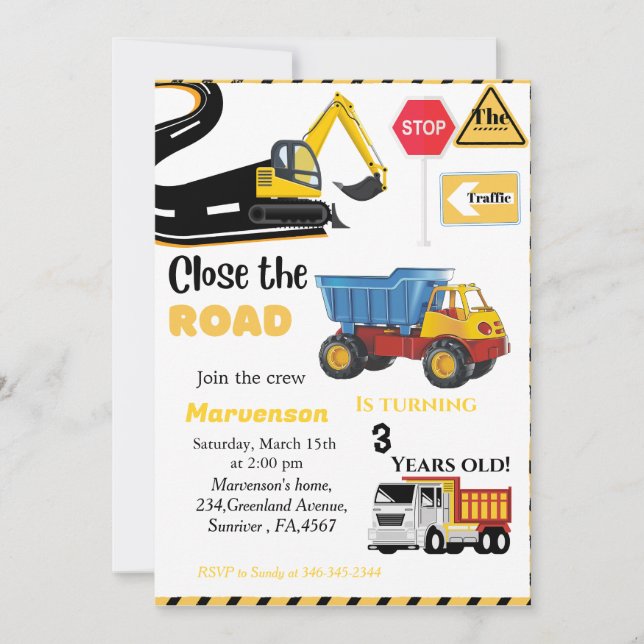 Convite Tema de Construção - Carro de Festa de aniversário (Frente)