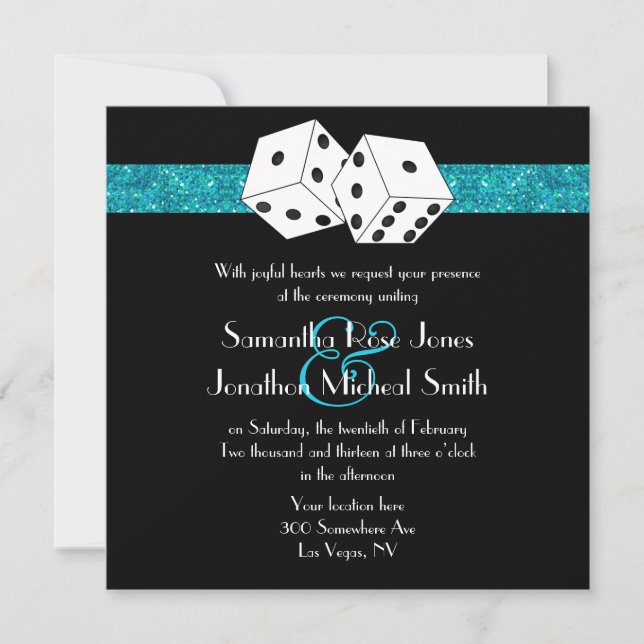 Convite Tema de Dice de Casamento de Las Vegas Teal Blu Fa (Frente)