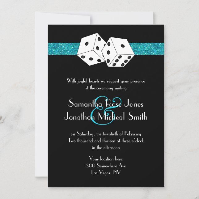 Convite Tema de Dice de Casamento de Las Vegas Teal Blu Fa (Frente)