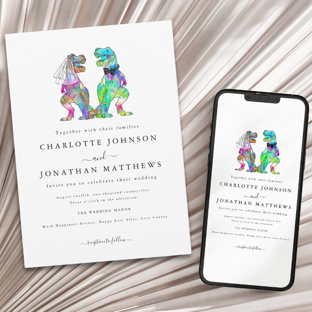 Convite Tema de Dinossauro Colorido (Colorful dinosaur theme wedding invitation with stylish Minimlist typography)