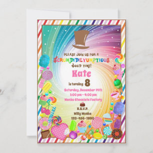 Convite Tema de doces, chocolate, bilhete dourado, invasão