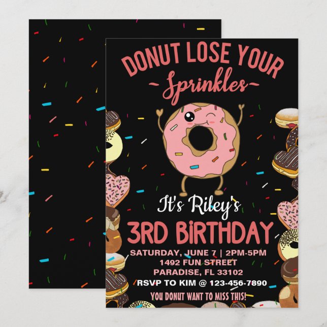 Convite Tema de Donut para 3º Aniversário Citação Divertid (Frente/Verso)