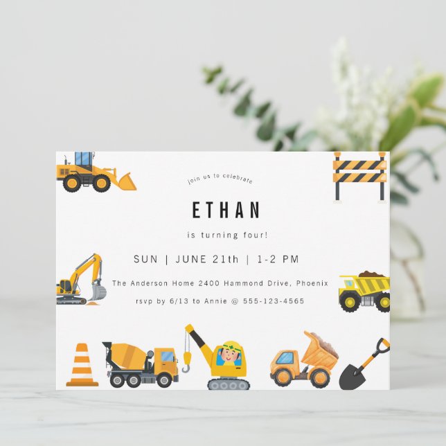 Convite Tema de festa de aniversário de construção para me (Em pé/Frente)