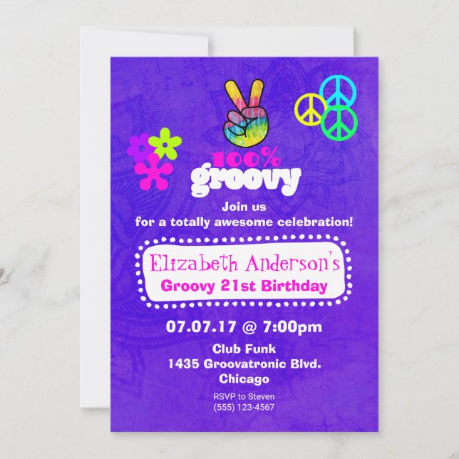 Convite Tema de festa de aniversário Groovy Hippie (Frente)