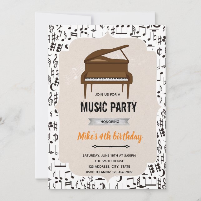 Convite Tema de festa de aniversário piano musical (Frente)