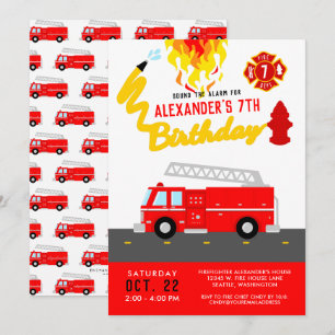 Convite Tema de Festa de Caminhão de Bombeiros Vermelho An