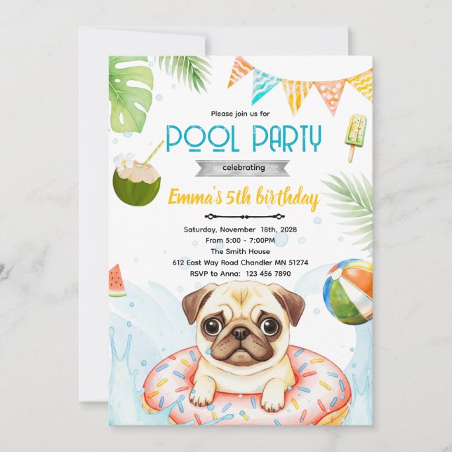convite tema de festa de pug fofo na piscina (Frente)