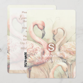 Convite Tema de Festa Flamingo, Código QR, Personalizado