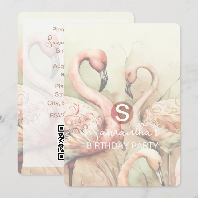 Convite Tema de Festa Flamingo, Código QR, Personalizado (Frente/Verso)