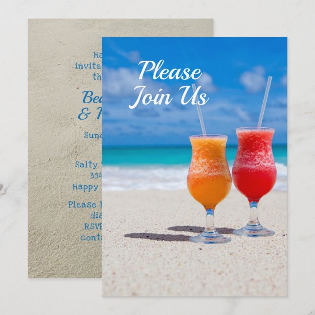 Convite Tema de Festa na Praia com Duas Bebidas (Frente/Verso)