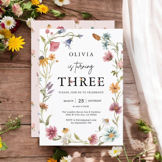 Convite Tema de Flor Selvagem aniversário de 3 anos (Criador carregado)