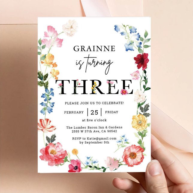 Convite Tema de Flor Selvagem aniversário de 3 anos (Criador carregado)