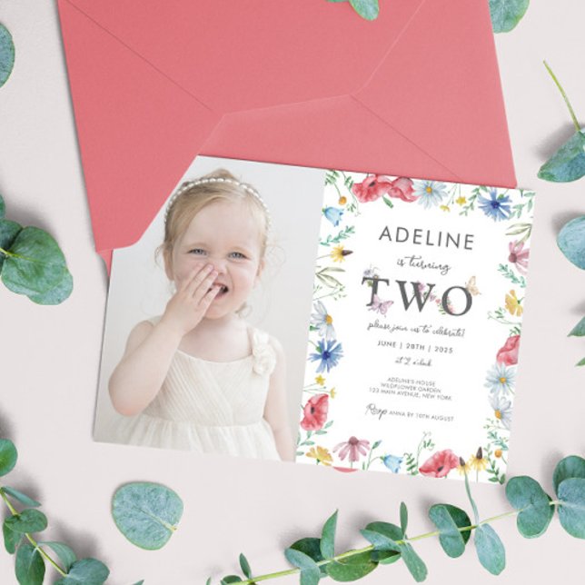 Convite Tema de Flor Selvagem Foto segundo aniversário (2nd Birthday Wildflower Floral Invitation with photo Digital Download Cute Second Birthday Party)