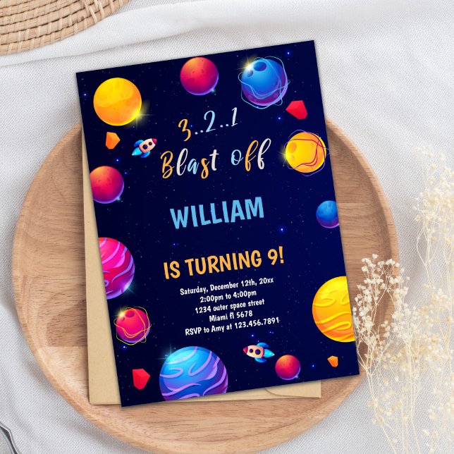 Convite Tema de Galáxia Negrito para Crianças (Orange Planet Outer Space Birthday Invitations)