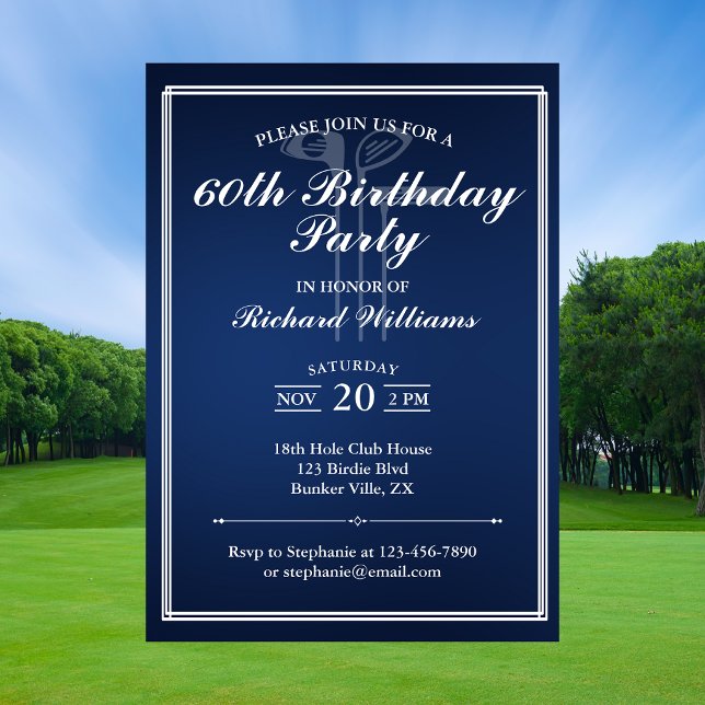 Convite Tema de Golfe Clássico Azul Branco 60º Aniversário (Criador carregado)