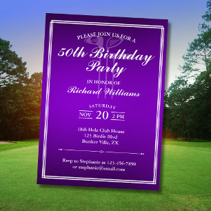 Convite Tema de Golfe Clássico Branco Roxo 50º Aniversário