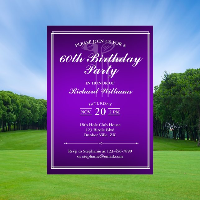 Convite Tema de Golfe Clássico Roxo Branco 60º Aniversário (Criador carregado)